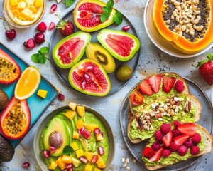 Wall Mural - A vibrant vegan breakfast spread. featuring smoothie bowls, avocado toast, and fresh fruit. promoting a nutritious and energizing start to the day. Ideal for health blogs