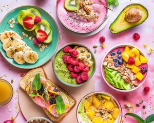 Wall Mural - A vibrant vegan breakfast spread. featuring smoothie bowls, avocado toast, and fresh fruit. promoting a nutritious and energizing start to the day. Ideal for health blogs