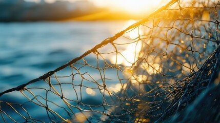 Wall Mural - Fishing nets illuminated by sunset on the shoreline reflecting shimmering water, capturing serene coastal fishing atmosphere.
