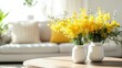 © Cyber Shutter - Bright modern ceramic vases with blooming mimosa flowers on a coffee table in a stylish living room setting with ample copy space