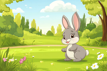 A cheerful cartoon rabbit in a vibrant green landscape with trees and flowers.