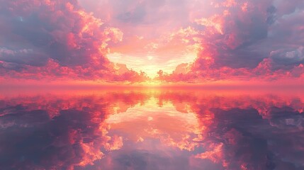 Wall Mural - dramatic sunset over the baltic sea with glowing pink and golden clouds reflecting symmetrically in 