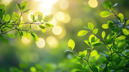 Wall Mural - Abstract green bokeh background with soft sunlight filtering through leaves creating a serene natural atmosphere for relaxation or design use