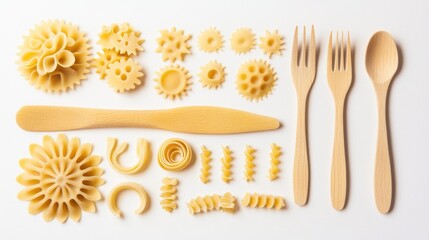 Wall Mural - Handcrafted Italian pasta varieties arranged with wooden utensils on a white background showcasing culinary art and food preparation concepts