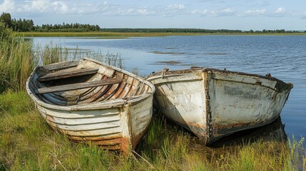  Weathered fishing boats resting on the shore of a tranquil lake surrounded by lush greenery and blue sky on a sunny day