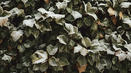 Wall Mural - Green leaves on ivy covered with a light dusting of fresh snow during winter, showcasing a serene contrast of nature elements.