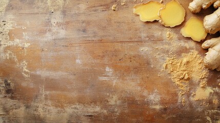 Wall Mural - Ginger root slices and powder arranged on a rustic wooden table with ample space for text and design elements.