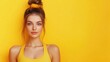© DigitalDruid - Young woman in sportswear with a fitness mat ready for exercise against a vibrant yellow background highlighting health and wellness themes.