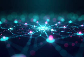 Wall Mural - abstract network visualization: interconnected nodes glowing with vibrant teal and pink light, repre