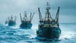 © Giovanni - Large industrial fishing trawlers navigating a tropical ocean under a cloudy sky in a coordinated operation