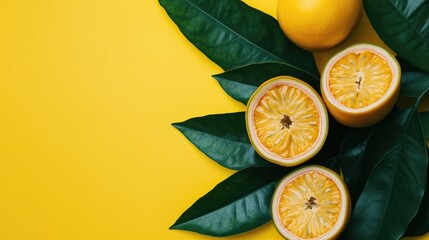 Wall Mural - Granadilla yellow passion fruit sliced on vibrant yellow background with fresh green leaves arranged artistically for a tropical feel