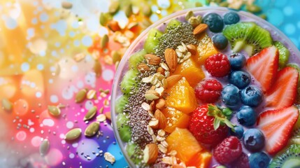 Poster - A vibrant visual of a balanced smoothie bowl. featuring colorful fruits, nuts, and seeds. promoting health and wellness through nutritious breakfasts. Ideal for smoothie guides