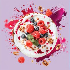 Poster - A vibrant visual of a high-protein dessert. featuring Greek yogurt, berries, and nuts. promoting healthy indulgence with added protein. Ideal for dessert blogs