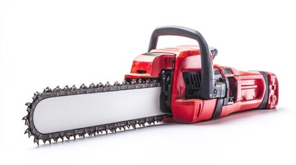 Red electric chainsaw with a long blade isolated on a clean white background for professional forestry and garden work.