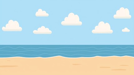 minimalist vector illustration of a sunny beach with blue sky and fluffy white clouds over a calm oc