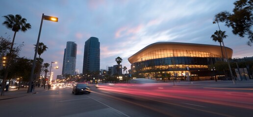 Canvas Print - Urban evening scene featuring modern buildings and vibrant traffic.