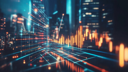 Poster - Glowing financial chart with growing trend, lines and bars over futuristic cityscape with skyscrapers at night