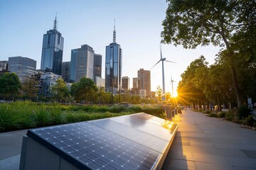 Canvas Print - Urban skyline with solar panels and wind turbines at sunset.