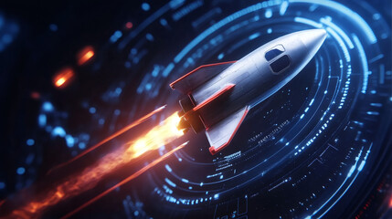 Aufkleber - Futuristic spaceship is launching and flying through digital interface with data stream, concept of fast internet or space travel