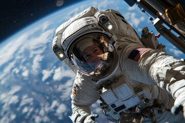 Wall Mural - A man in a space suit is taking a selfie in space