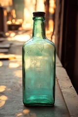 Poster - A vintage green glass bottle stands on a surface, illuminated by soft, warm light.