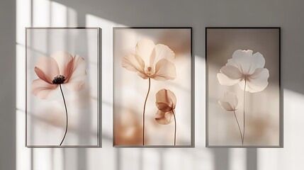 Wall Mural - Three Framed Floral Prints Adorn A Wall