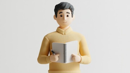 Aufkleber - A 3D character holding a notebook and pen, smiling, suggesting creativity and learning.