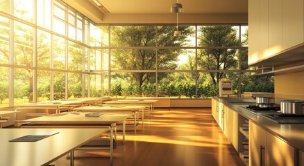Aufkleber - A bright, modern kitchen classroom with large windows and a view of greenery outside.
