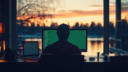 Aufkleber - A person working on a computer at sunset, overlooking a serene lakeside view.