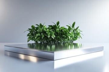 Aufkleber - A modern display featuring lush green plants on a reflective surface.