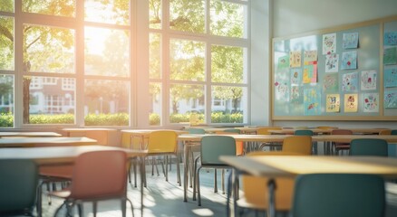 Aufkleber - A bright classroom with empty desks and artwork on the walls, showcasing a learning environment.