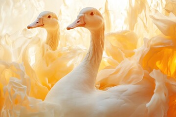 Poster - Two elegant swans amidst soft, flowing fabric, creating a serene and ethereal atmosphere.