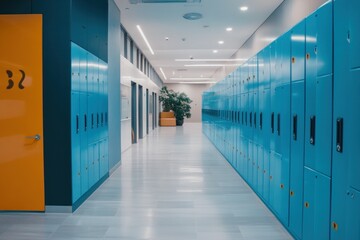  Modern School Hallway with Blue Lockers