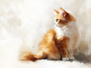 Poster - A fluffy orange cat sitting gracefully, illuminated by soft light.