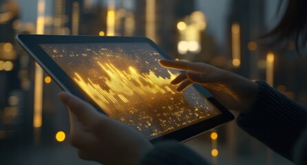Poster - A person interacts with a tablet displaying dynamic visual data against a city backdrop.