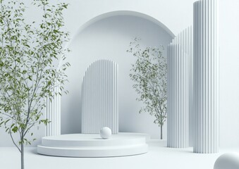 Leinwandbilder - A minimalist, modern architectural space featuring cylindrical columns, a circular platform, and trees.