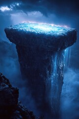 Wall Mural - A mystical floating platform surrounded by dark clouds and cascading blue light.