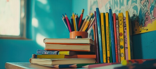 Aufkleber - A colorful desk with books and pencils, ideal for studying or creative activities.
