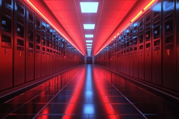 Aufkleber - A corridor lined with server racks illuminated by red and blue lights.