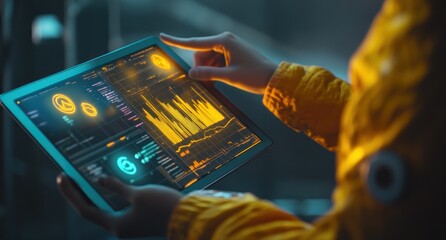 Poster - A person interacts with a tablet displaying data analytics and graphs in a tech environment.