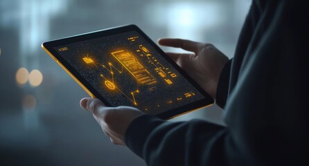 Aufkleber - A person holds a tablet displaying futuristic data and graphics in a dimly lit environment.