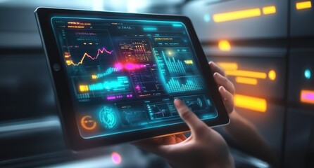Poster - A person interacts with a futuristic tablet displaying data analytics and graphs.