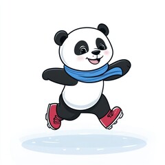 Wall Mural - A cheerful panda ice skating on a frozen surface, wearing a blue scarf and red skates.