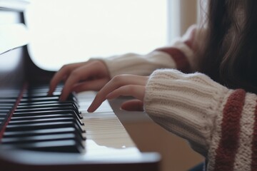 Poster - A person playing the piano, showcasing their hands on the keys in a cozy setting.