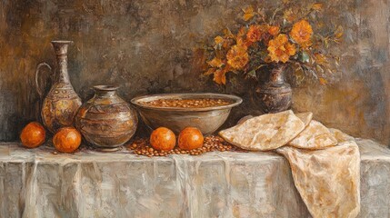 Poster - A still life featuring pottery, oranges, and flowers on a textured tablecloth.