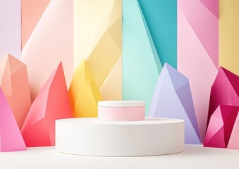 Aufkleber - A minimalist display featuring geometric shapes and pastel colors, ideal for product showcasing.
