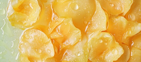 Aufkleber - Close-up of delicate yellow flower petals with water droplets on a soft background.