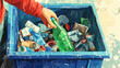© Pavithiran - Generative AI illustration of an anonymous person in a red sleeve recycling a green plastic bottle, placing it into a blue bin filled with assorted recyclables