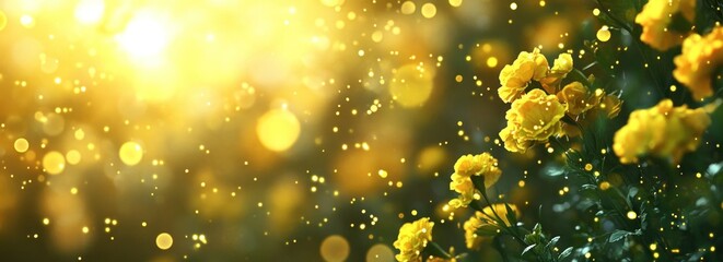 Poster - A vibrant scene of yellow flowers illuminated by sunlight with a dreamy bokeh effect.