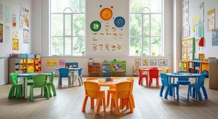Aufkleber - A colorful classroom filled with tables and educational decorations for children.